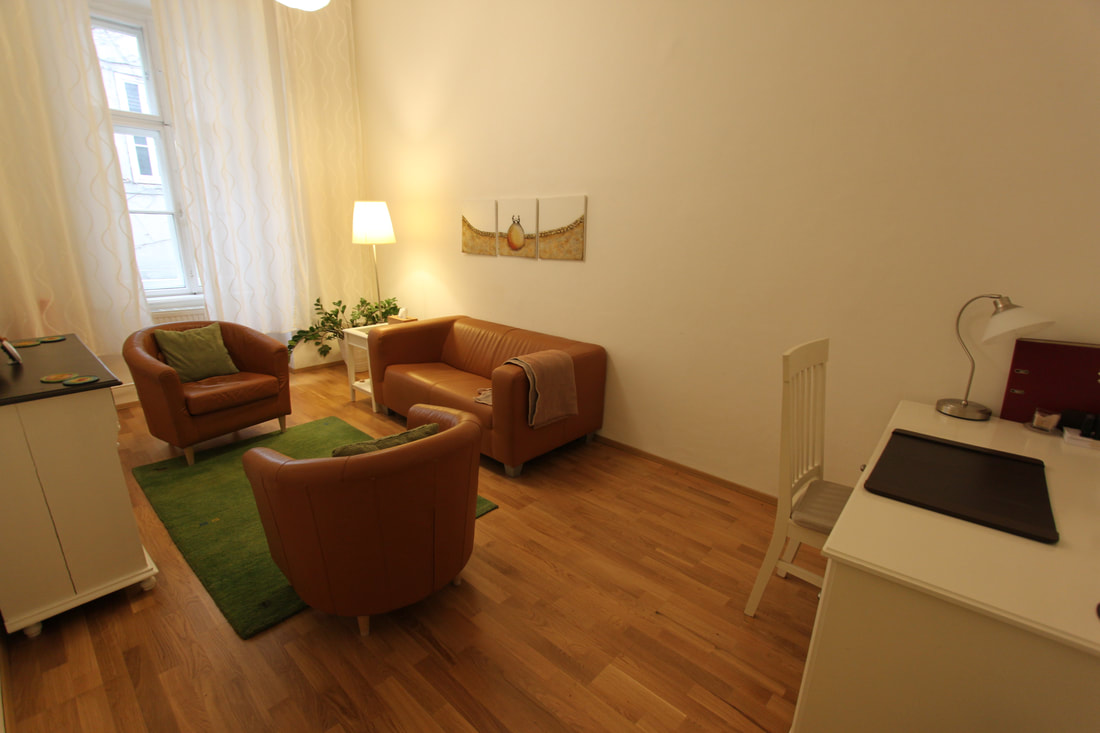 Gemütlicher Praxisraum für Psychotherapie im 8. Bezirk Wien mit Sessel und Sofa
